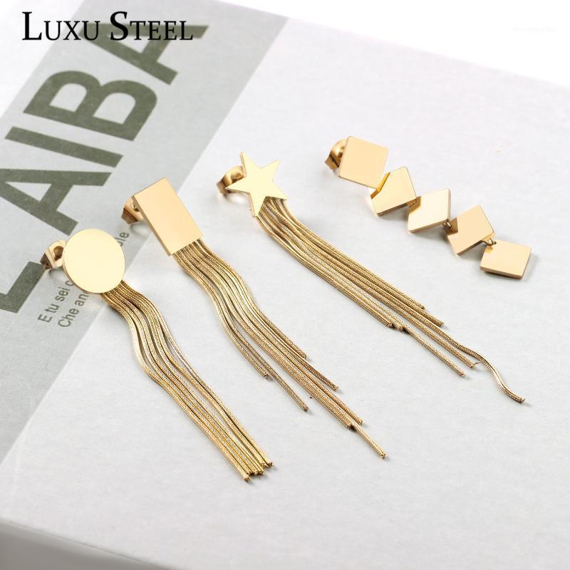 

LUXUSTEEL High Polish Stainless Steel Round Square Star Shape Drop Earings Women Girl Classic Style Tassel Earring Jewelry Brinc1