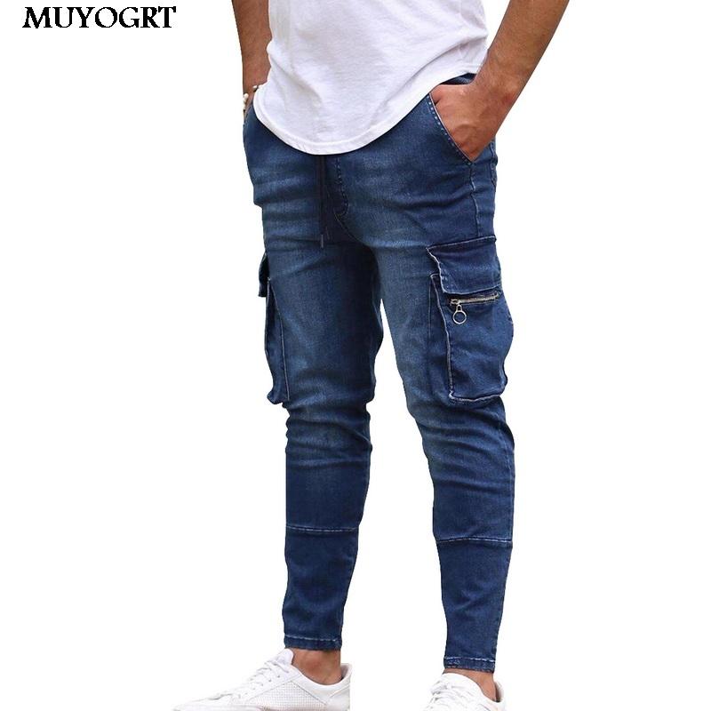 

MUYOGRT Casual Cotton Denim Trousers Multi Pocket Cargo Jeans Men New Fashion Denim Pencil pants Jeans Men Pants, Blue
