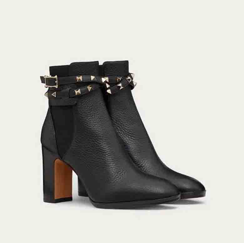 

Winter Fashion Rock Studs Women's Ankle Ankle Boots Grainy Calfskin Leather High Chunky Heels Booty Round Toe Rivets Fashion Lady Booties