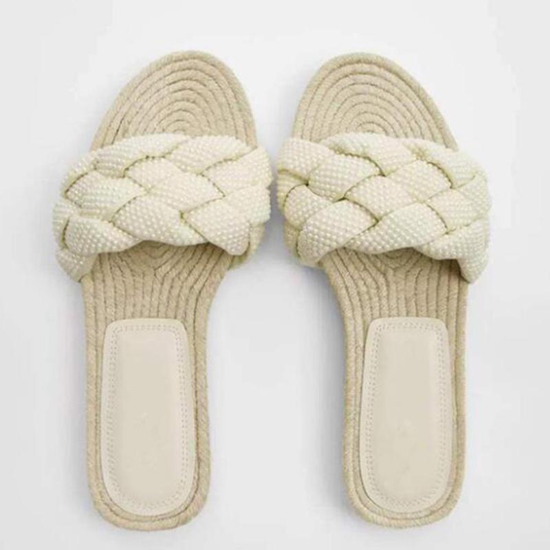 

new summer Women Slipper Weave Pearl Flat Toe Bohemian Linen sole Beach Sandals Ladies Shoes Platform Sandalias De Mujer q149, Beige