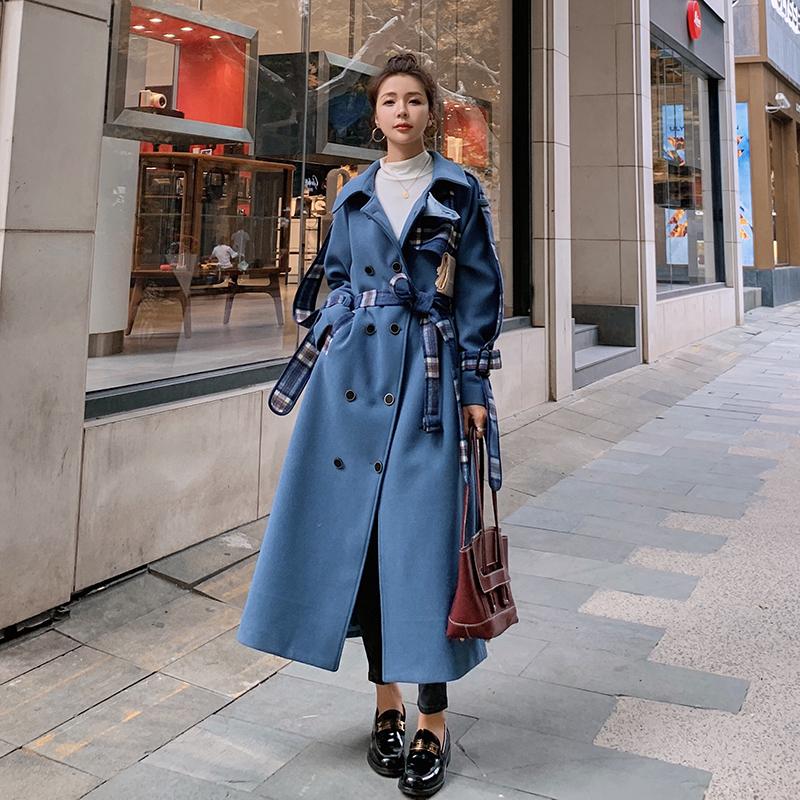 

Female Jacket 2020 Autumn Winter Plaid Splicing Over Knee Loose Slimming Mid-Length Casual Thickened Warm Wool Woolen Coat A98, Blue
