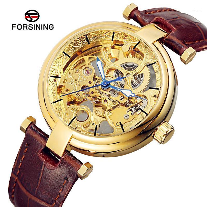 

FORSINING Retro Men Transparent Automatic Wristwatch Unique Design Hollow Out Skeleton Leather Mechanical Clock Relojes Hombres1, Gold
