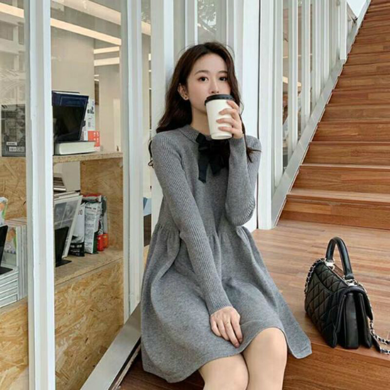 

New spring 2021 and autumn dress bow knitted miniline temperament around the sweet neck loose long female sleeve y243 LD0G, Unkhuangseunk