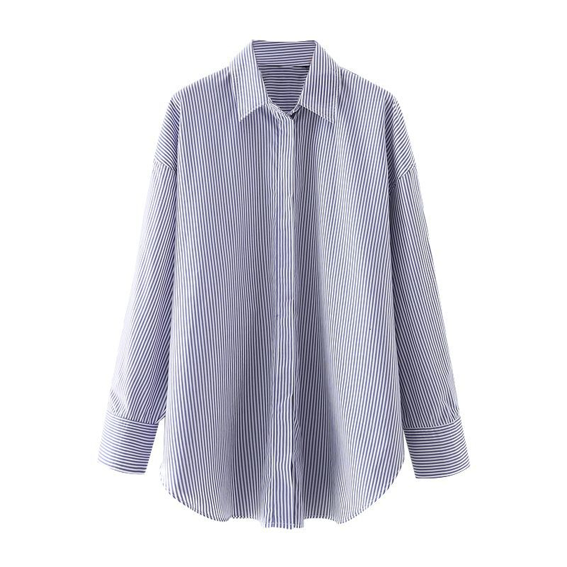 

2021 New Blue White Striped Oversized Shirt Women Fall Casual Sleeve Top Woman Collared Button Up Long Ladies Shirts Ljcz