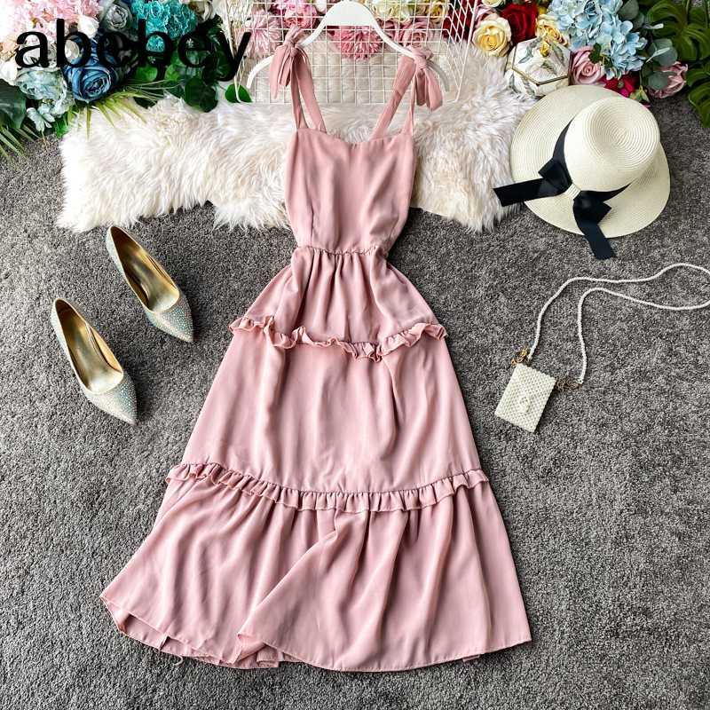 

vintage ruffles 2020 Slim Sexy Spaghetti Strap dress midi long Summer Party Women Beach holiday elegant tunic Dress, Pink