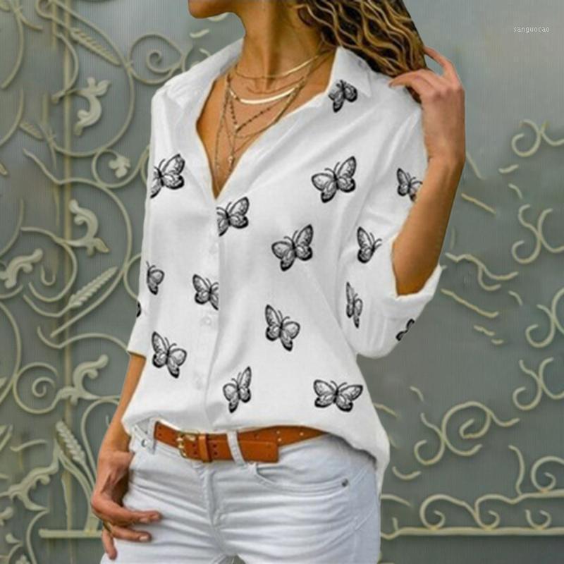 

Women's Butterfly Print Blouse 2020 Fashion Spring Summer Casual Long Sleeve V Neck Shirt Ladies Buttons Dating Tops1, White