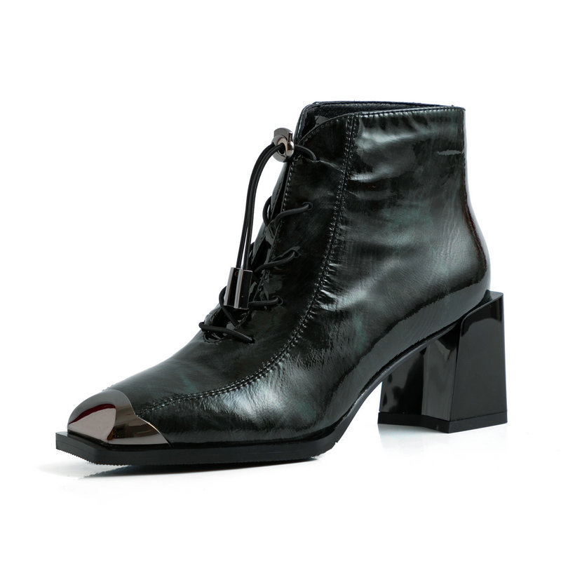 

2021 New Women's Ankle Boots Print Genuine Leather Metal Square Toe Thick High Heels Working Night Club Shoes Woman 7vvc, Red