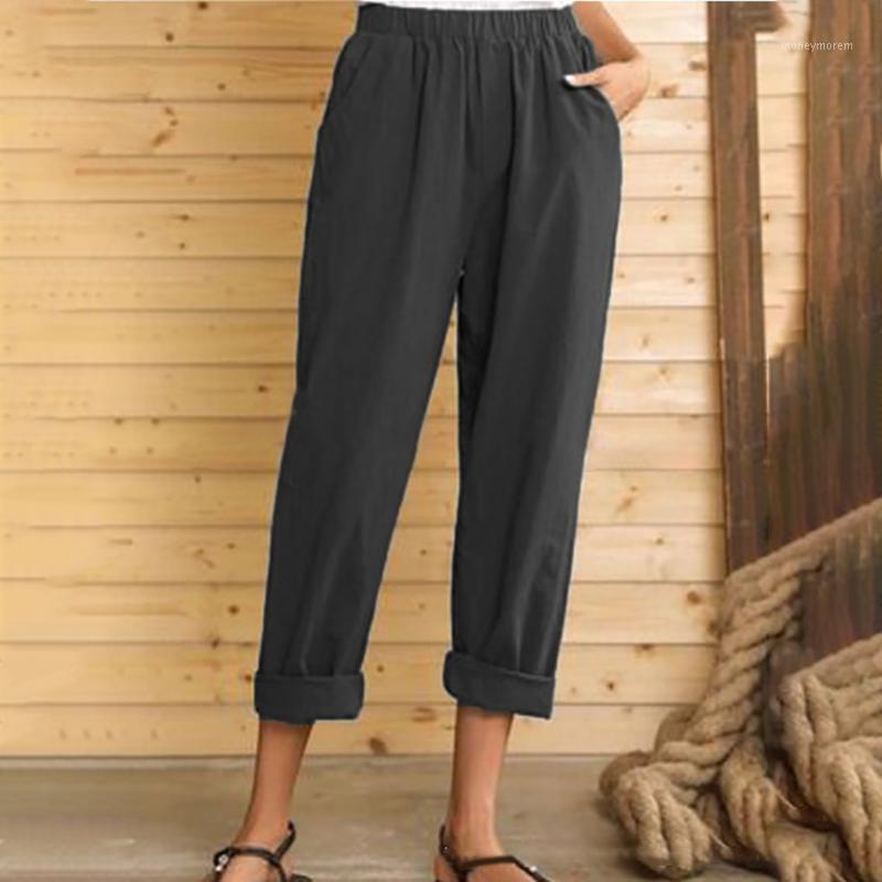 

2021 Fashion Women Summer Pants Casual Pure Color Elastic Waist Cotton Linen Pants Ladies Pockets Ankle Trousers #g31, Gray