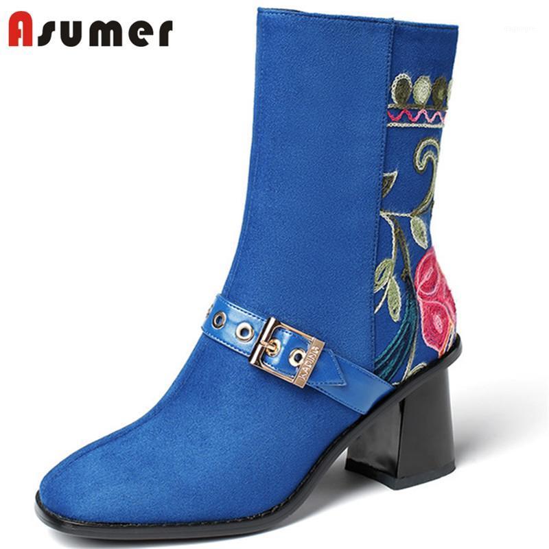 

ASUMER 2021 Top Quality Suede Leather Ankle Boots Women Buckle Zip Embroidered Ethnic Style High Heel Party Wedding Shoes Women1, Blue not fur