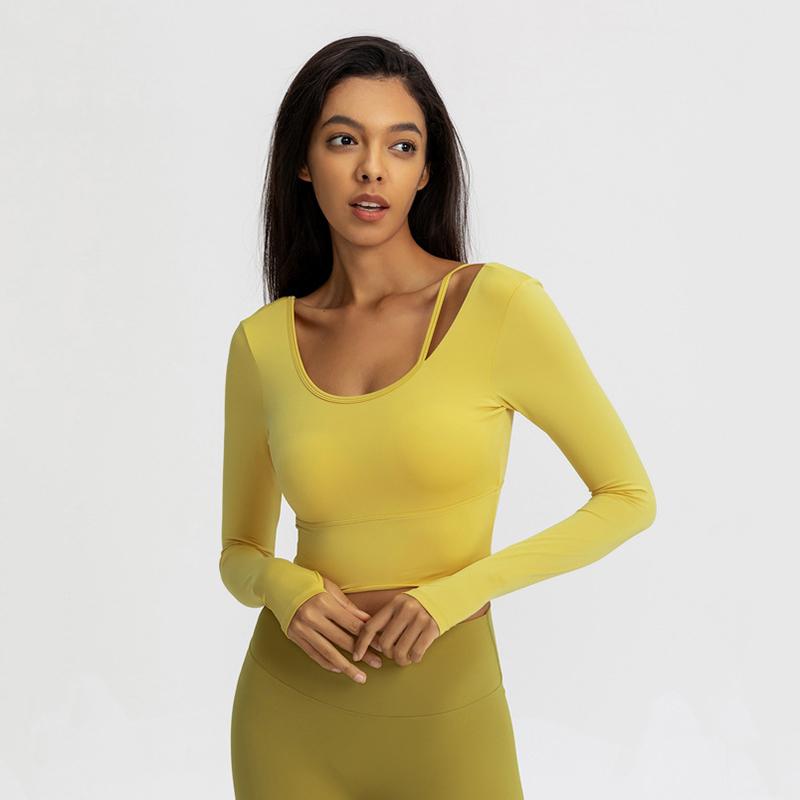 

Autumn Long Sleeve Yoga Shirts Built In Bra Women Slim Fit Workout Sport T Shirt Solid Gym Fitness Crop Top with Thumb Holes, Black