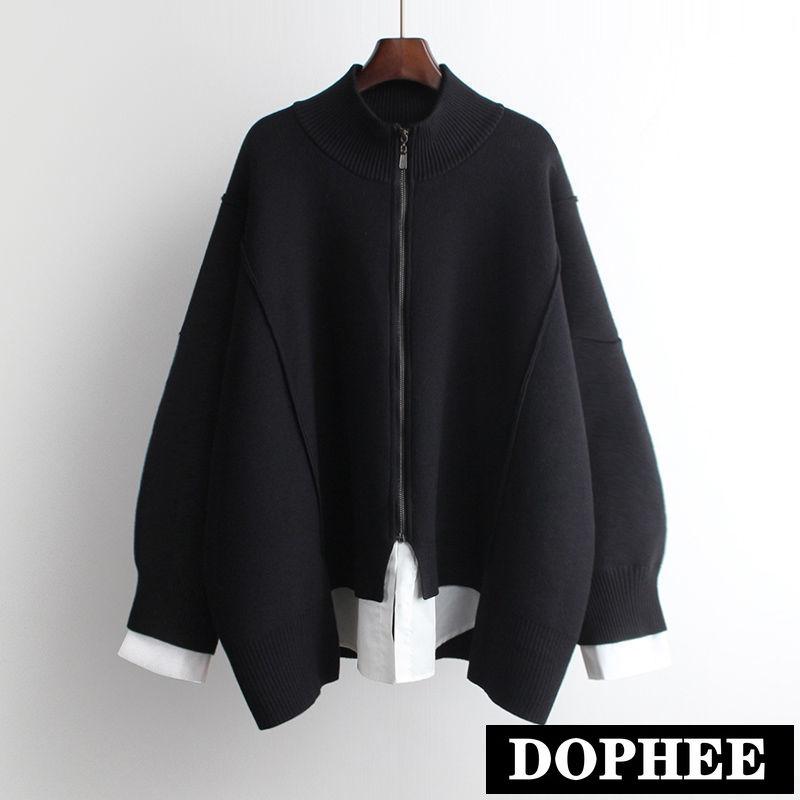 

Korean Fashion Fake Two-piece Women's 2020 Autumn Loose Knit Hoodie Zip Knitwear Student Solid Casual Sweater Jackets, Black