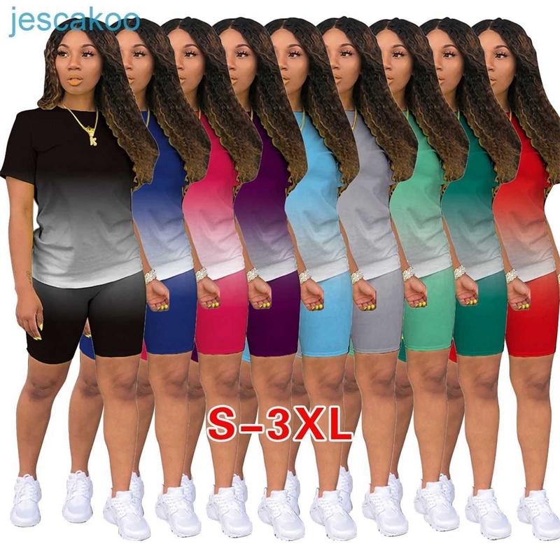 

Gradient Designer 2 Piece Pants Set Women Tracksuits Casual Sports Short Sleeve T-Shirt Biker Shorts Suits Plus Size, Gray