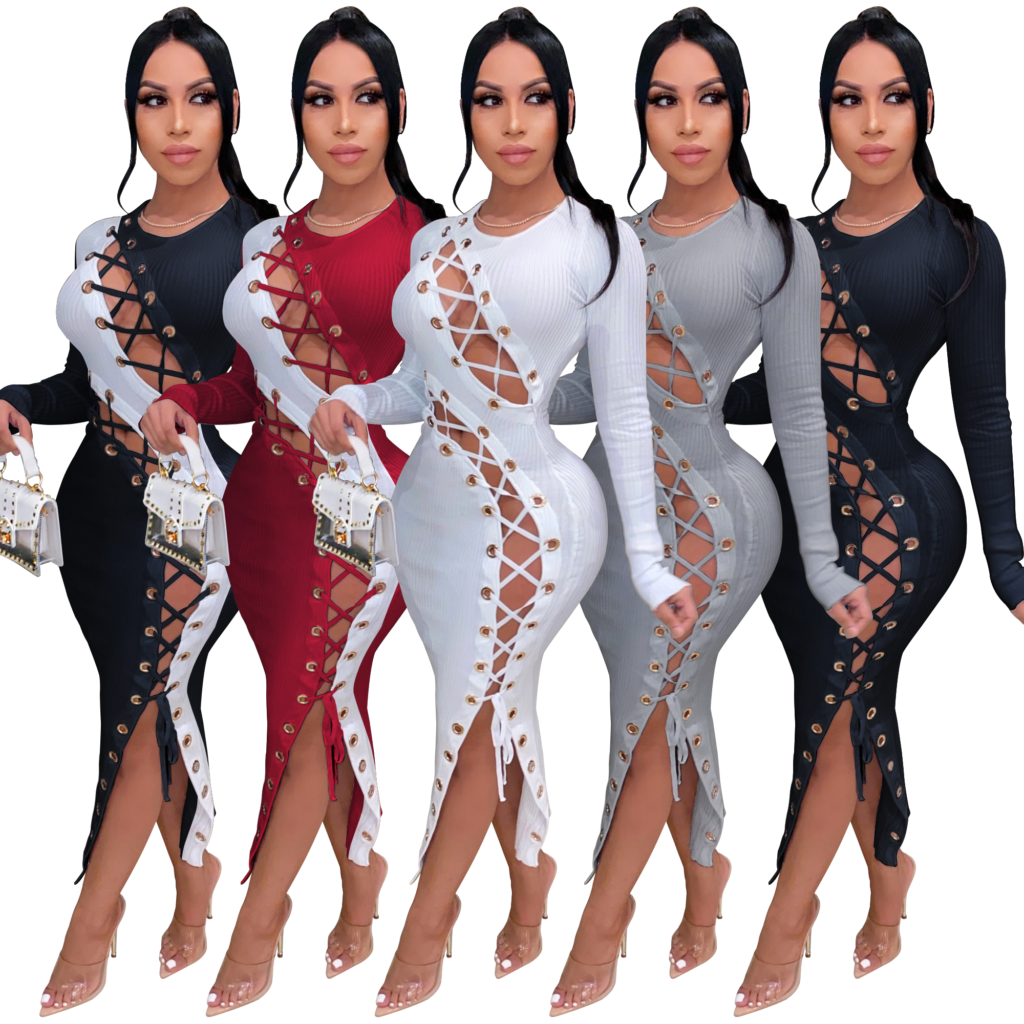 

dress European and American women's winter long skirt sexy self-cultivation lace-up high elastic pit dress, Black