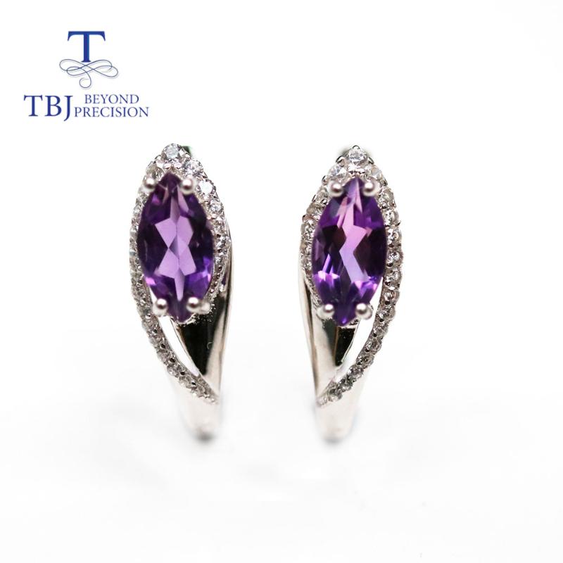 

TBJ,Natural Brazil amethyst clasp earring mq 5*10mm natural sky blue topaz gemstone fine jewelry for women 925 sterling silver