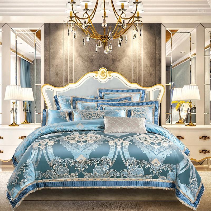 

Luxury Blue White Red European Style Jacquard Silk Cotton Bedding Set Double Duvet Cover Set Bed Linen Pillowcases Home Textile1