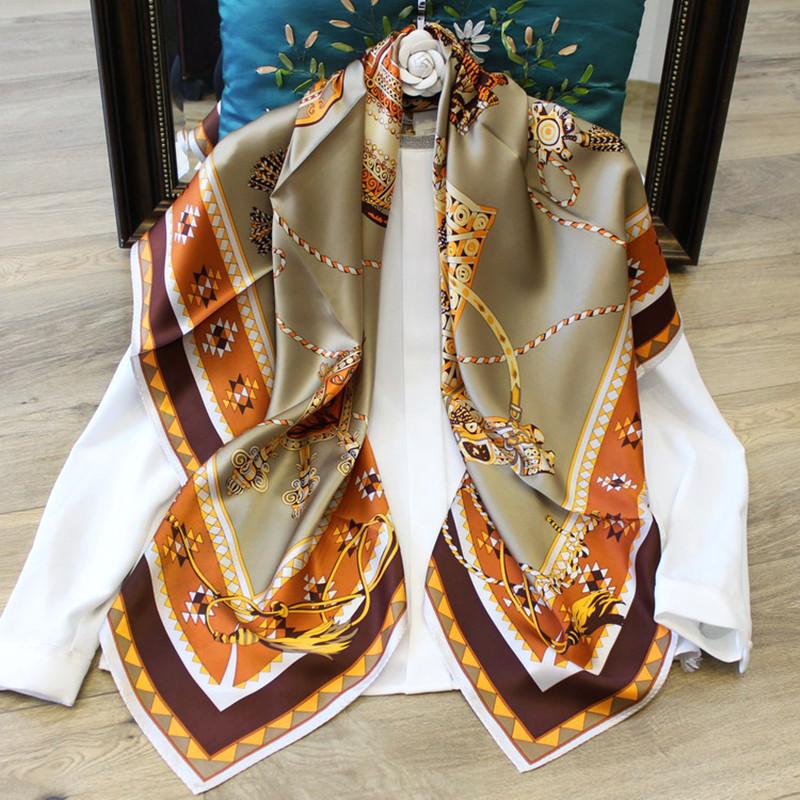

KMS Silk Satin Square Scarf Gorgeous Double-Headed Carriage Print Scarf Shawl Large 105*105cm/80G