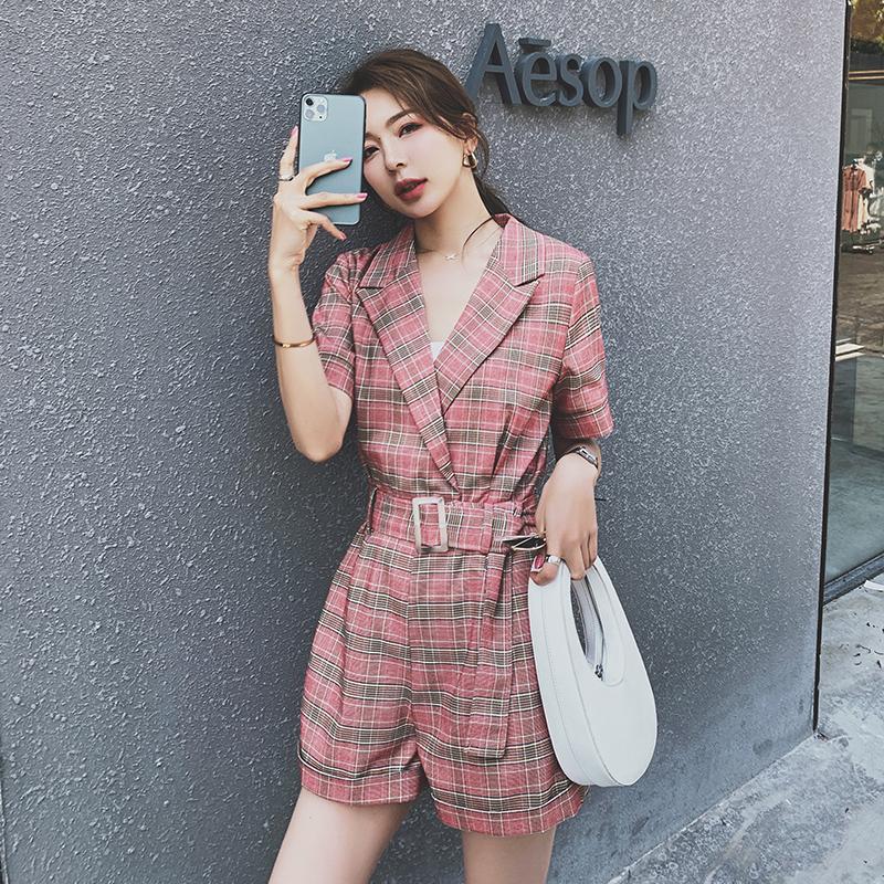 

2020 Summer New Women Short Sleeve Wide Leg One Piece Shorts Sashe Jumpsuit Office Lady Loose Casual Overalls Romper Playsuits, Plaid