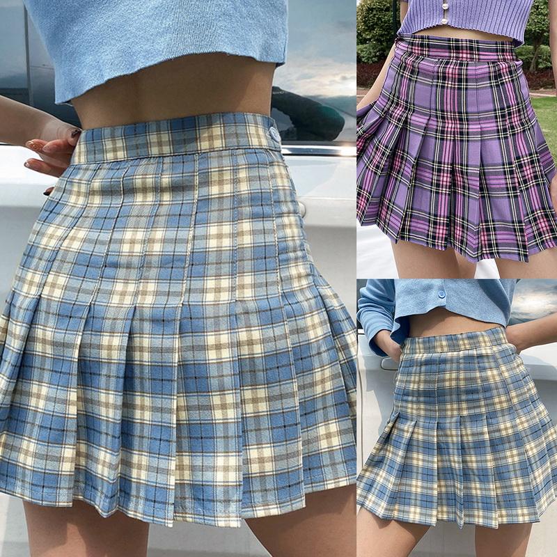 

Harajuku Tartan Skirt Sexy Plaid Pleated Skirts Fashion Mini Dance Skirt Side Button High Waist School Skirts Female, Blue