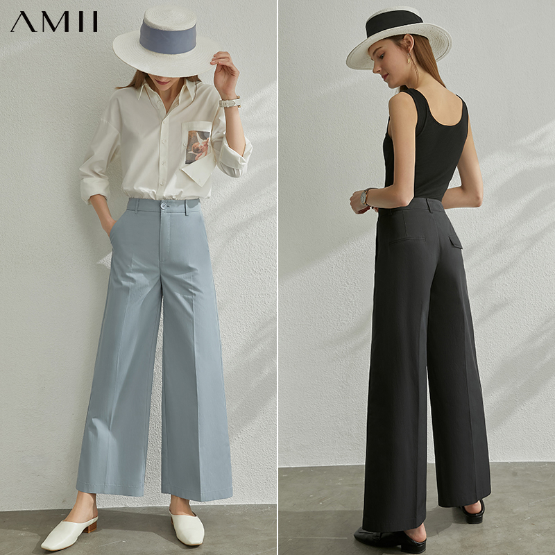 

AMII Minimalism Spring Summer Solid Loose Women Pants Caual High Waist Ankel-length Wide-leg Pants 12040281 201109, Black