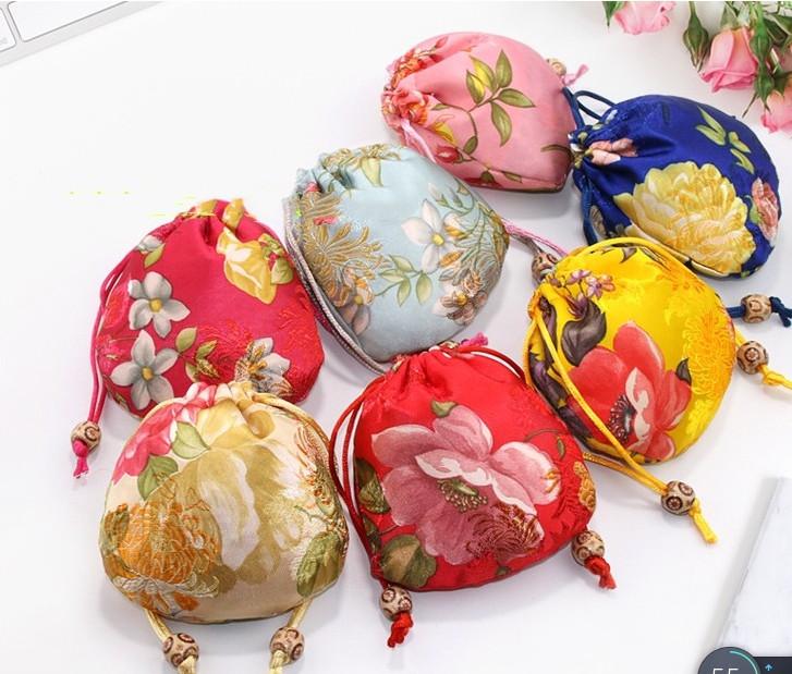 

10pcs Flower Small Christmas Drawstring Gift Packaging Chinese Silk Brocade Jewelry Pouches Wedding Party Favor Gift Bags