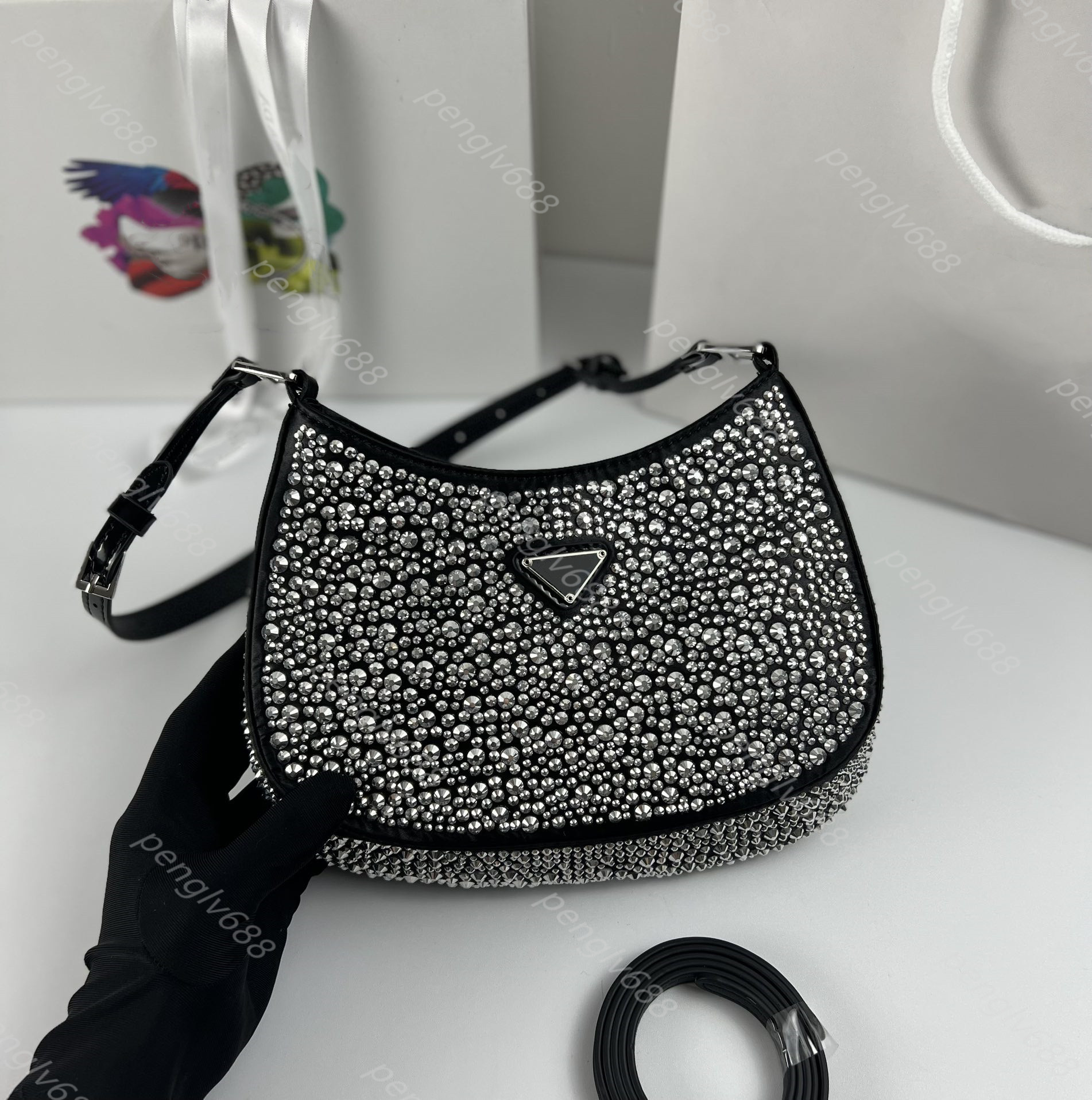 

5A designer bag women's diamond top diamond handbags leather bag tramp shoulder chest bag fashion handbag women diagonal Wallet, Gold + crystal