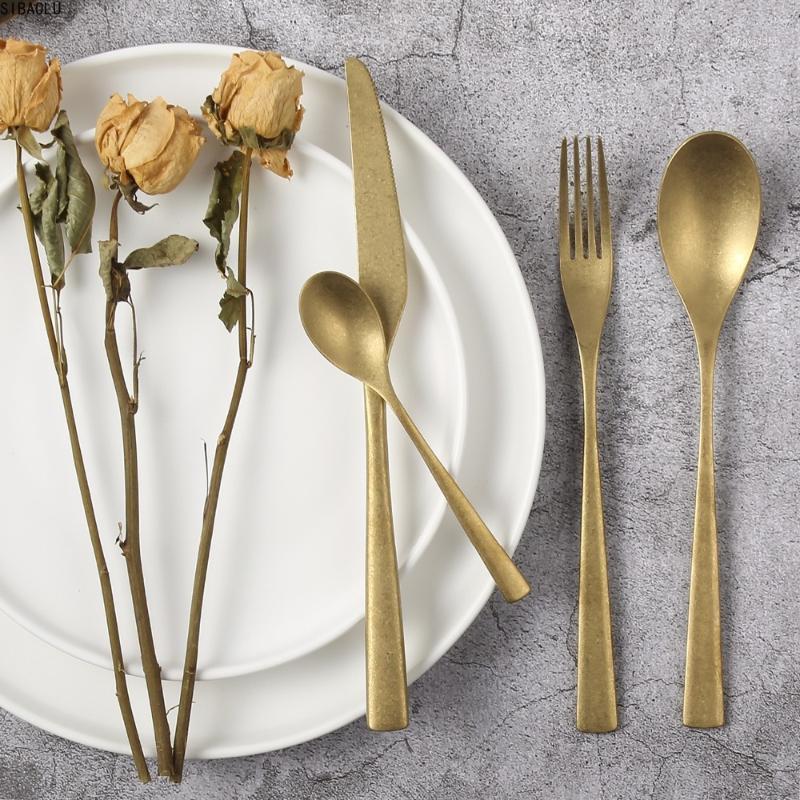 

4Pcs/set Retro Cutlery Dinner Sets Old Tableware 304 Stainless Steel Gold Fork Spoon Knife Set Flatware Dinnerware Restaurant1