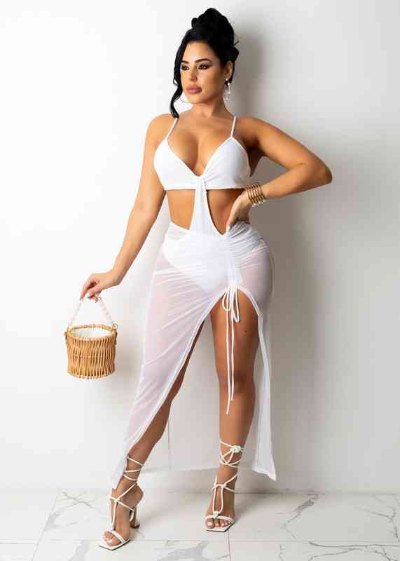 

Fashion Sleeveless Sexy Women Dress Sling Dew Belly Nightclub Solid Color Two Piece Dress Set, White