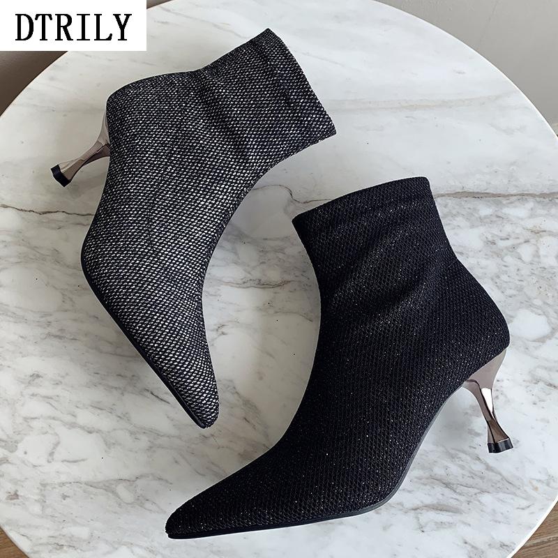 

2020 New Sock Boots Women High Heels Shoes Fashion Pointed Toe Ankle Boot Elasticity Short Boots Black Silver Zapatos De Mujer