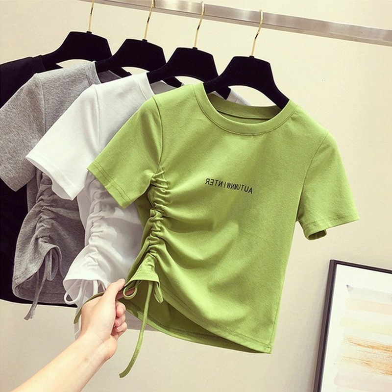 

New Female avocado green shirt the neck regular short sleeve summer skinny design string RT8S