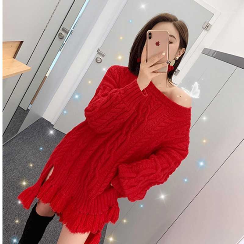 

Fashion lazy irregular tassel twist mid-length hedging loose red sweater women winter thickening1, Black