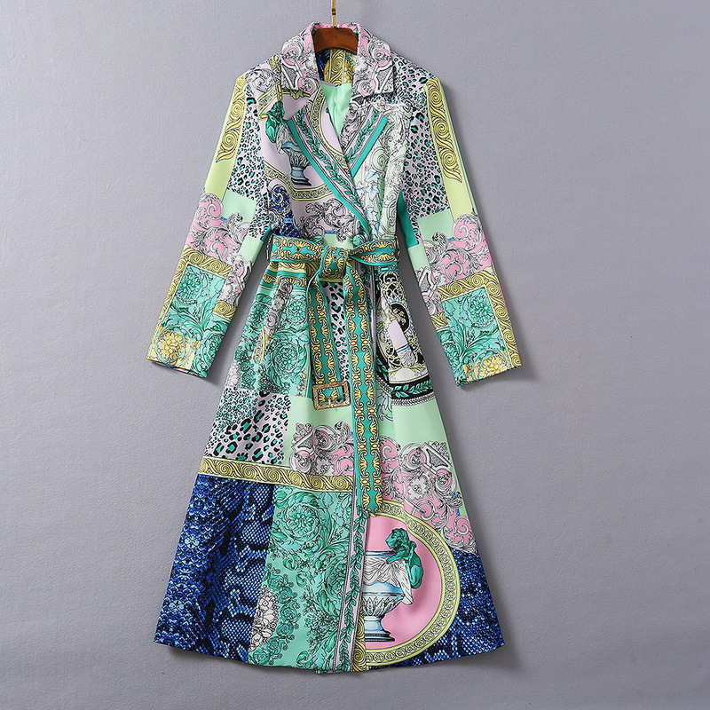

European and American women' wear 2020 winter new style Long-sleeved double-breasted vintage print Fashion trench coat, Green