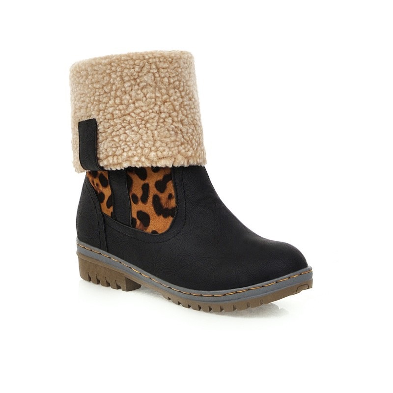 

Snow boots women winter keep warm platform ankle boots low heels sexy leopard ladies cotton shoes punk vintage, Black