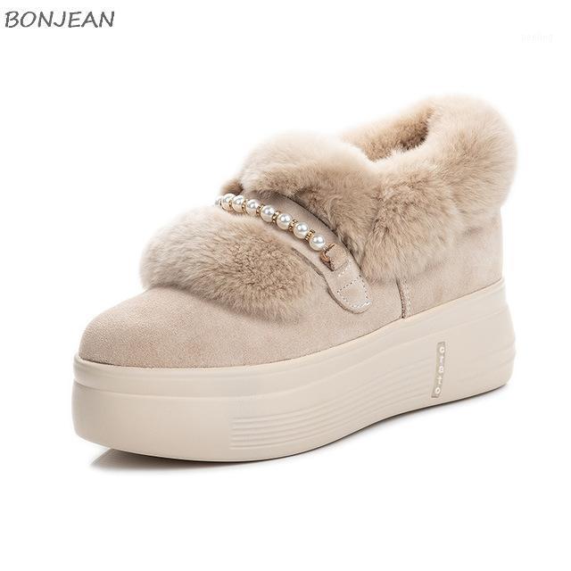 

Women Winter Warm Boots Lady Wedge Fur Snow Boots Fashion String Bead Hairy Thick Bottom Women Ankle1, Beige