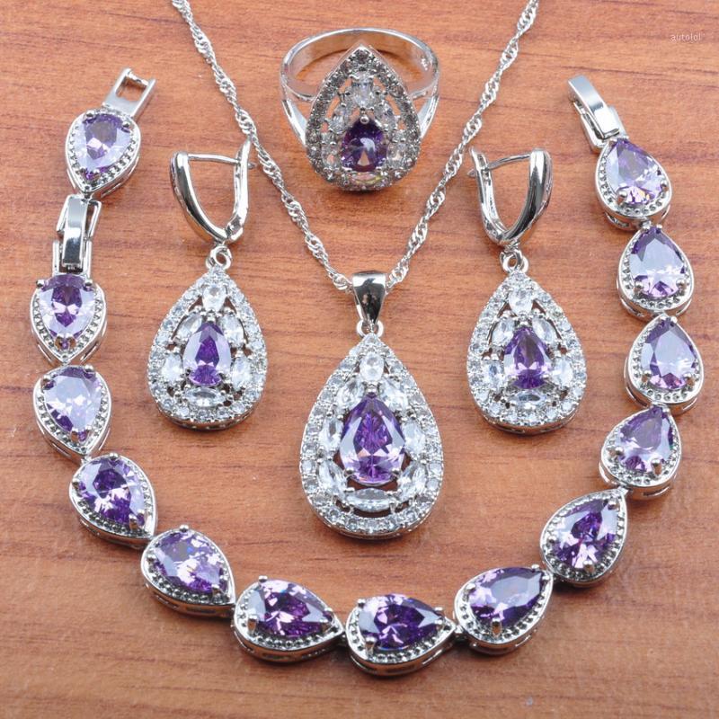 

Christmas Gifts Natural Purple Crystal Silver Color Dubai Jewelry Set For Women Earrings Necklace Pendant Rings Bracelet JS3351, As pic