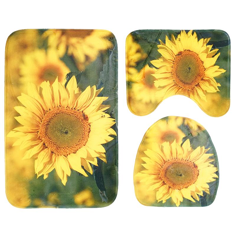

3 Pieces Bath Rug Set Sunflower Toilet Floor Contour Mat Toilet Lid Top Covers Non-Slip Bathroom Floor Mat