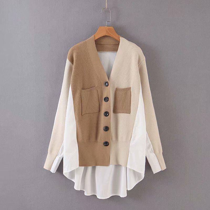 

wholesale women's clothing in the fall and winter of 2020 - the new lazy wind v-neck joining cardigan sweater female, Khaki