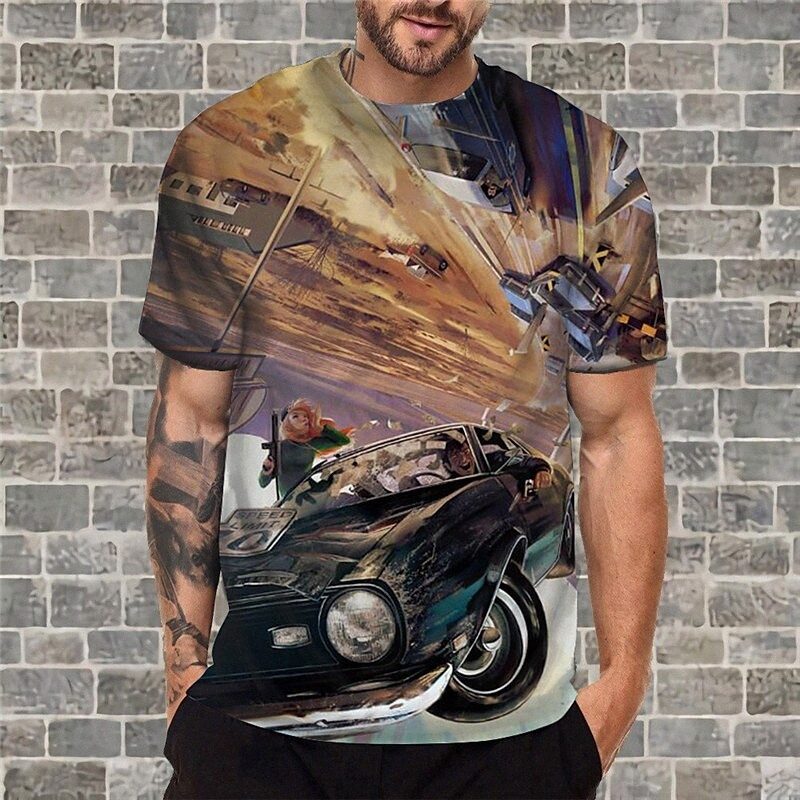 Men's T shirt 3D Print Graphic Car Crew Neck Daily Sports Print Short Sleeve Tops Casual Classic Designer Big and Tall Brown Y7fD#