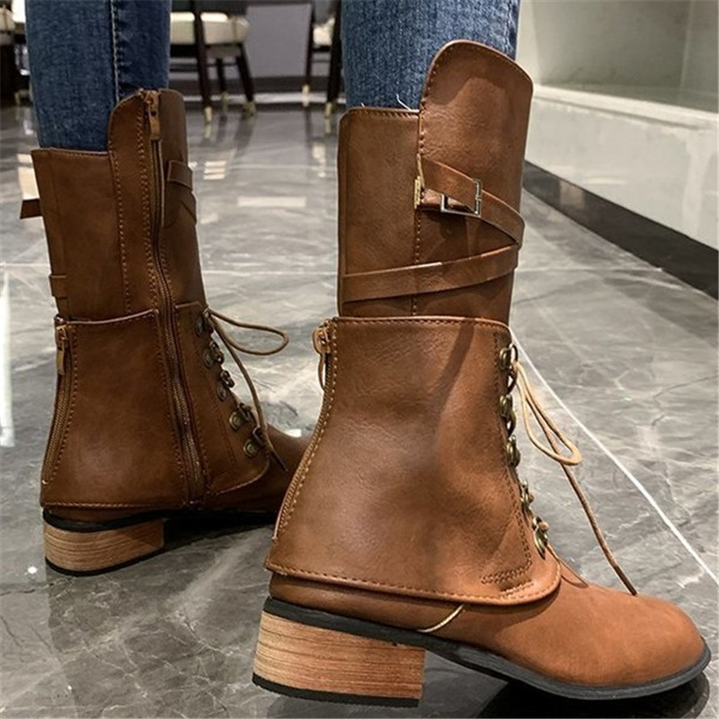 

2021 New Mid-calf Woman Women Winter Fashion High-quality Round Leather Head Lace to Boots B51T, Black