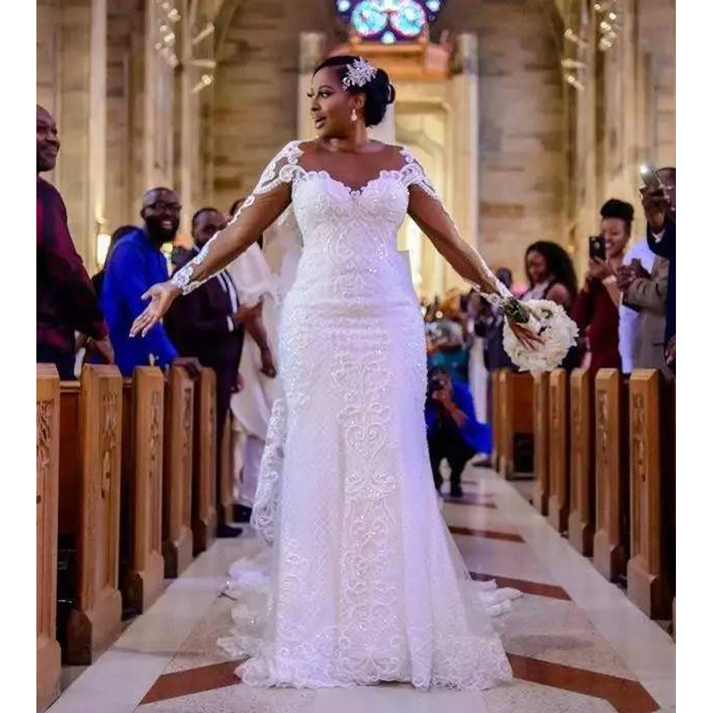 

2021 New High Quality Mermaid Lasso Dress in Wedding Sleeves Illusion Top Buttons Sweep Train Dressed As Bride B5KH, White