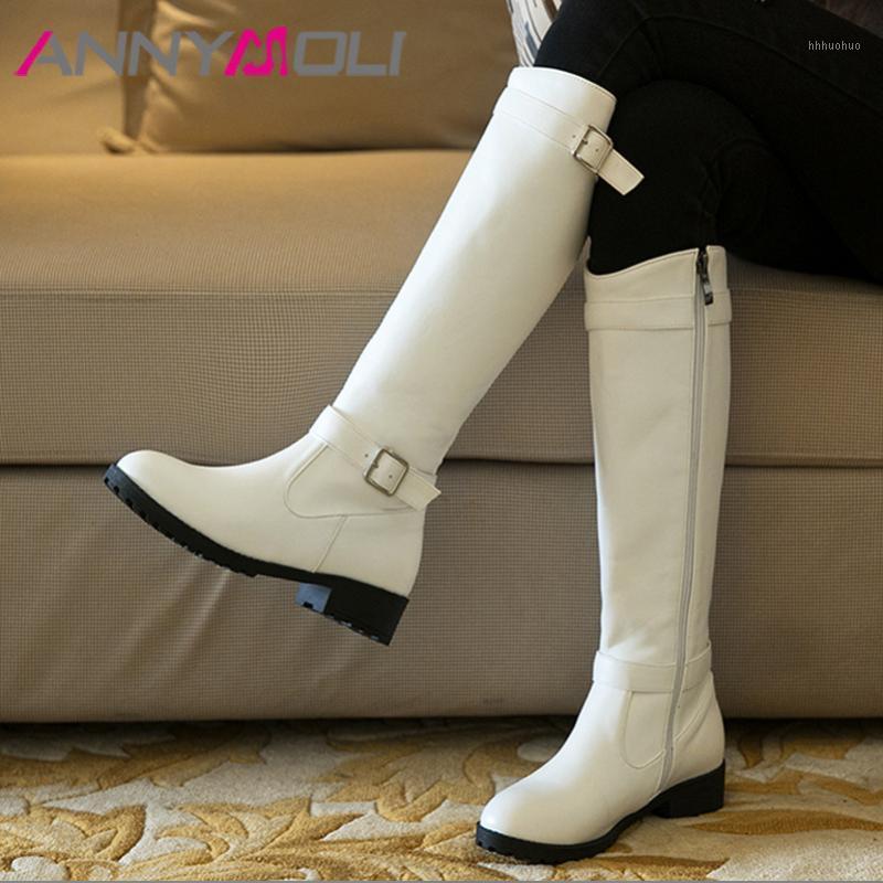 

ANNYMOLI Woman Boots Mid Heel Knee High Boots Zipper Block Heel Long Round Toe Buckle Ladies Shoes Autumn Winter White 461, Black