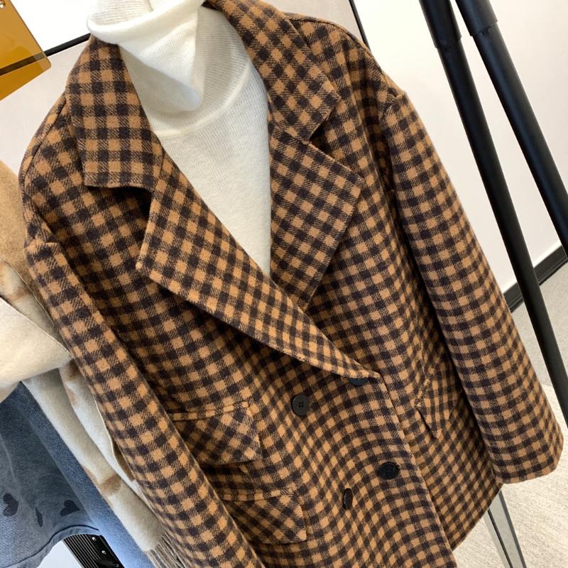 

2021 winter new double faced cashmere coat women' small temperament loose Plaid short woolen coat, See chart