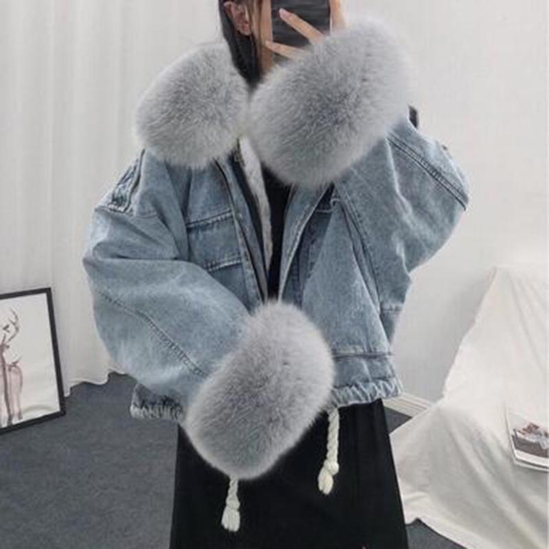 

Adisputent Winter Women Thick Denim Jacket Faux Fur Jean Coats Ladies Thick Long Sleeve Frayed Overcoat Plus Size Outwear Mujer, Black black fur