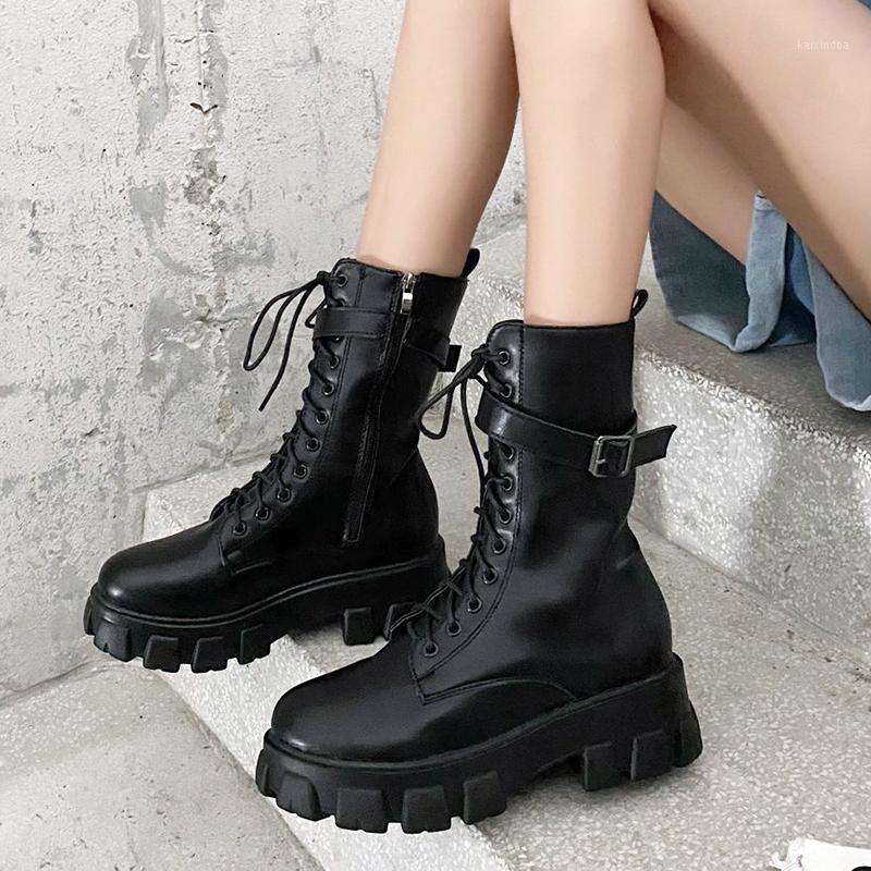 

Fashion Buckle Chunky Boots Women Casual Lace Up Platform Ankle Boots Woman Waterproof Pu Leather Punk Botas Mujer 20211, Black