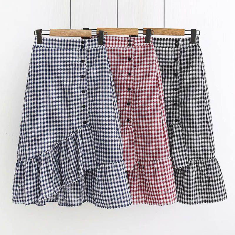 

Women Vintage Literary Style Elastic High Waist Thin Ruffled Irregular Plaid Print Wild Long Paragraph Skirt