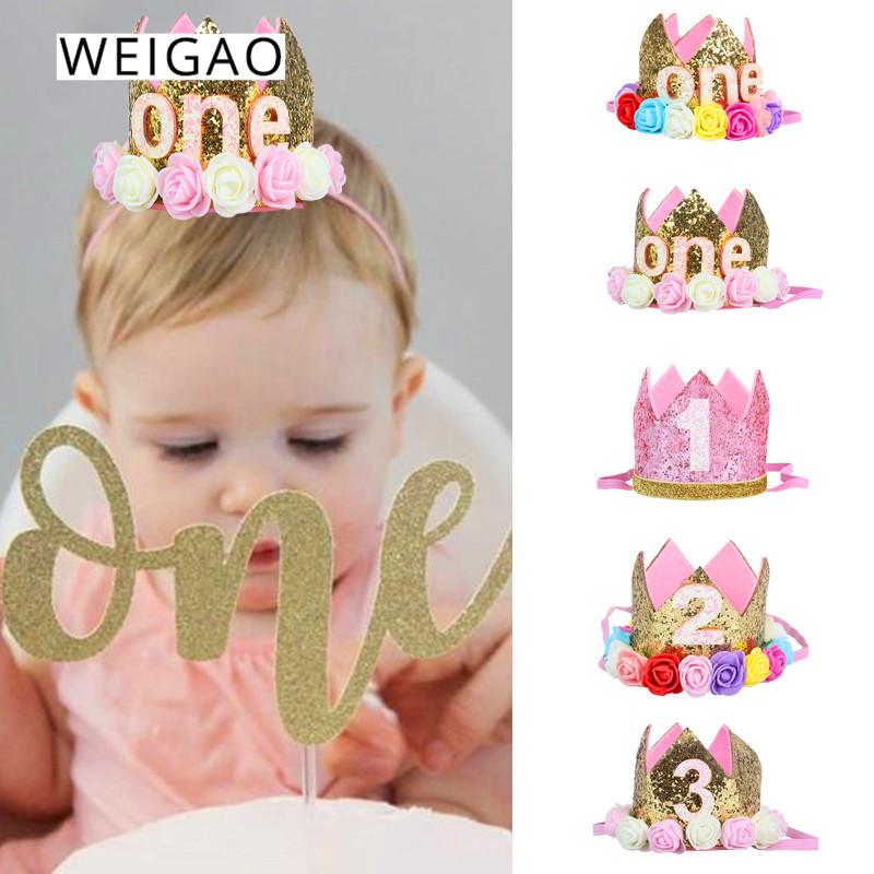 

WEIGAO 1/2/3 Happy Birthday Party Caps Decor One Birthday Hat Princess Crown Baby Headband 1st 2nd 3rd Year Old Decor