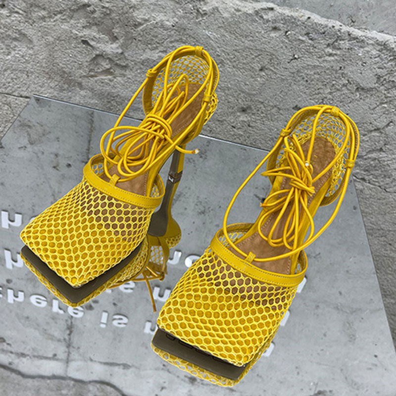 

2022 Summer Ladies New Sexy Mesh Pumps Fashion Sandals Female Rome Square Toe High Heels Lace Up Cross-tied Hollow Women Shoes, White