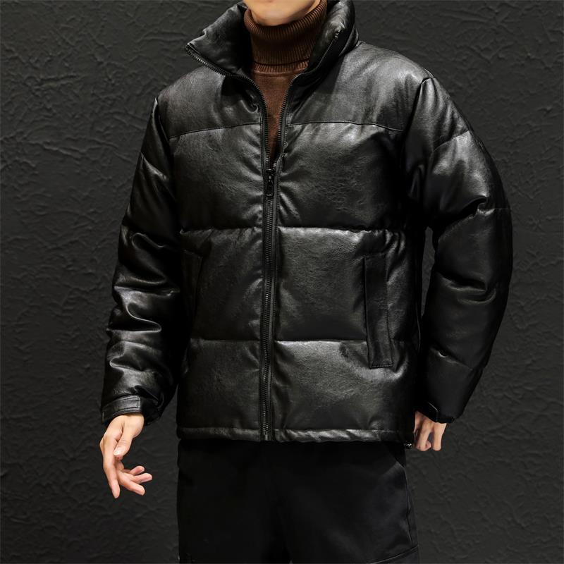 

Autumn Mans leather black padded coat Winter Coats Fashion Stand Collar Parkas Winter Jacket Women Pockets Padded Cotton Coat