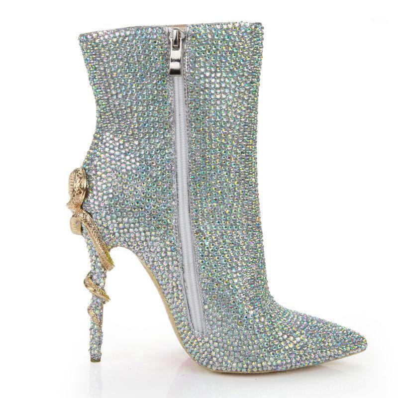 

New Arrival High Heel Shoes For Women Pointed Toe Ankle Boots Side Zipper Crystal Decoration Lady Dress Wedding Shoes Boots1, Multicolor