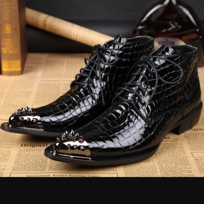 

2020 Leather Men with Snake Skin Winter Platform Motorcycle Shoes Studded Cowboy Boots Ocjw, The picture