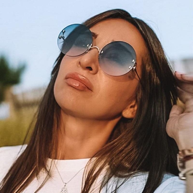 

2021 Gradient Round Women Sunglasses Green Pink Shades for Lady Rimless Sun Glasses For Female Rivet Lens UV400